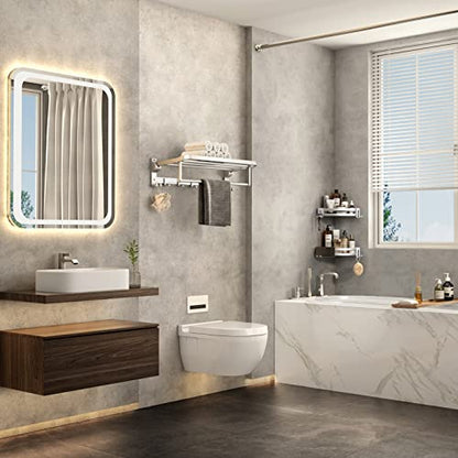 VOLPONE 24 Inch Towel Rack with Towel Bar Holder Foldable Towel Shelf with Movable Hooks Rustproof Towel Storage Wall Mount for Bathroom Lavatory Silver - color: Silver