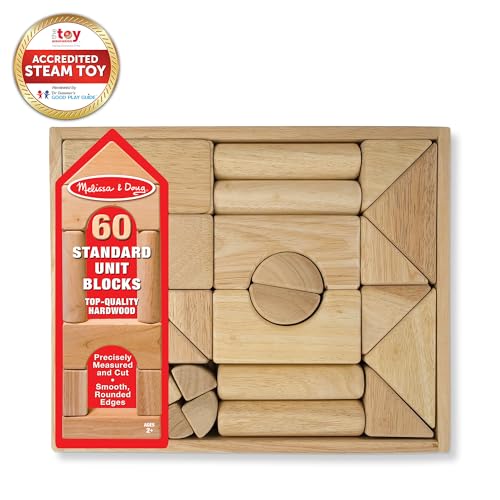 Melissa & Doug Standard Unit Solid-Wood Building Blocks with Wooden Storage Tray, 60-Piece Hardwood Sorting & Stacking Toys for Building & Balancing, Preschool Learning Toys for Kids Ages 3+
