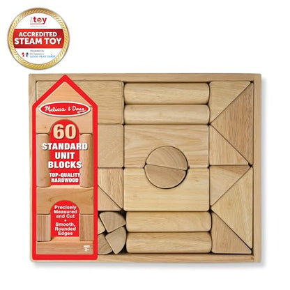 Melissa & Doug Standard Unit Solid-Wood Building Blocks with Wooden Storage Tray, 60-Piece Hardwood Sorting & Stacking Toys for Building & Balancing, Preschool Learning Toys for Kids Ages 3+