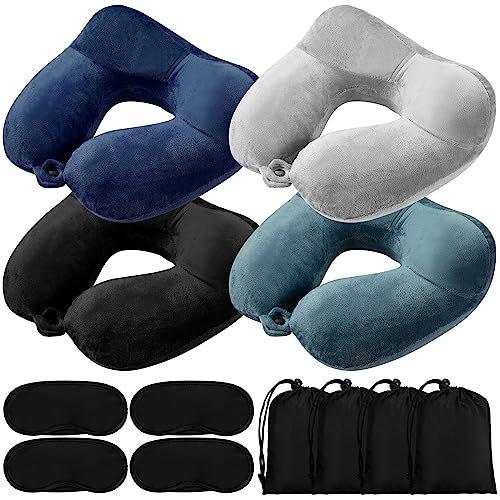 Sintuff 4 Sets Inflatable Travel Pillows for Airplanes with Compact Bag and Blindfold Velvet Inflatable Neck Pillow for Traveling Head Support U Shaped Flight, 12 x 12 x 5.5 Inch(Multi Color) - color: Multi Color