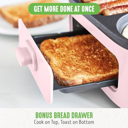 GreenLife 3-in-1 Breakfast Maker Station, Healthy Ceramic Nonstick Dual Griddles for Eggs Meat Sausage Bacon Pancakes and Breakfast Sandwiches, 2 Slice Toast Drawer, Easy-to-use Timer, Pink - color: Pink