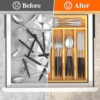 Lifewit Silverware Drawer Organizer, Utensil Tray for Kitchen, Flatware and Cutlery Holder, Storage for Spoons Forks Knives, 6.7 x 12", Natural - size: 6.7"W x 12"D