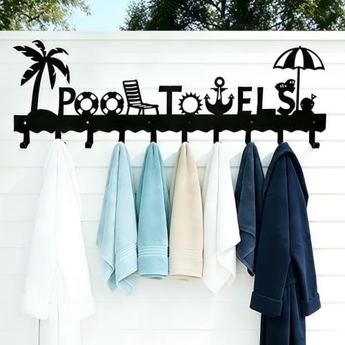 Large Pool Towel Rack (32 Inch), Outdoor Towel Rack for Pool, Wall Mounted Towel Holder Towel Hanger with 10 Hooks, Carbon Steel Towel Organizer Pool Signs and Decor for Bathrobes, Towels, Clothes