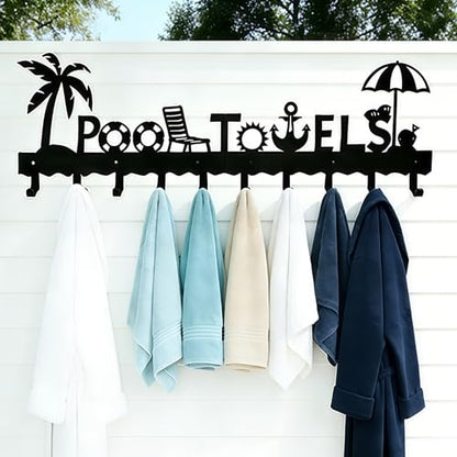 Large Pool Towel Rack (32 Inch), Outdoor Towel Rack for Pool, Wall Mounted Towel Holder Towel Hanger with 10 Hooks, Carbon Steel Towel Organizer Pool Signs and Decor for Bathrobes, Towels, Clothes