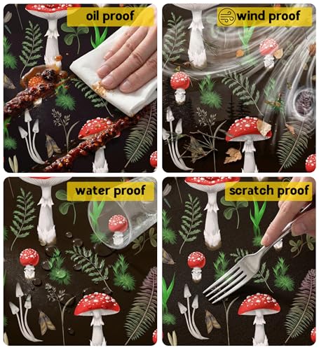 Fitted Picnic Table Cover with Bench Covers Vinyl Waterproof Elastic Edges Fitted Rectangle Table Cloth Patio Tablecloth Camping Essentials Rv Gear Accessories Road Trip Supplies Car Travel Must Have - color: Black Red Mushrooms, size: 72in