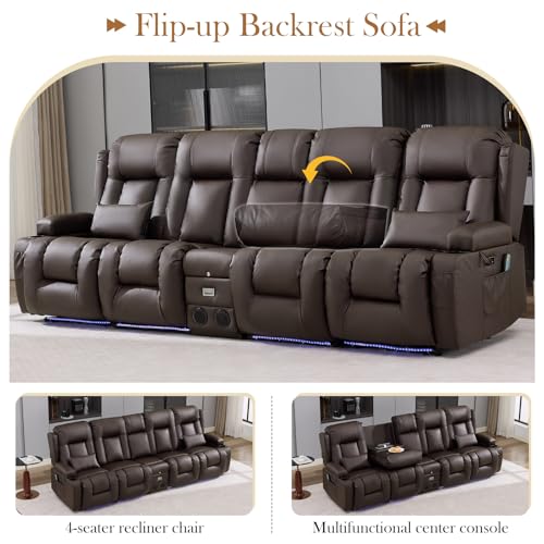 TUNYI Power Loveseat Recliner Sofa with Massage & Heat Home Theater Seating with Console RV Recliner Loveseat Sofa with USB/Storage/Side Pocket/LED Light/Speaker (Brown) - color: Brown, size: 4 Seat with console