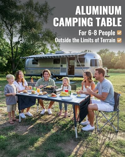 KingCamp Folding Camping Table Foldable, 55.1" x27.6" Aluminum Roll Up Table with Adjustable Height 6-7 Person Large Camp Tables Outdoor with Carrying Bag for BBQ, Patio, Picnic Loads 265 Lbs - color: Silver/Black - 55.1"×27.6" - Adjustable Height, style: