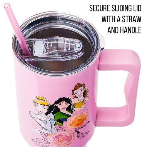 Silver Buffalo Disney Princess Featuring Cinderella, Mulan, Belle, Ariel, Tiana, and Jasmine Double Walled Stainless Steel Tumbler with Handle and Straw, Fits in Standard Cup Holder, 40 Ounces - color: Disney Princesses