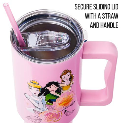 Silver Buffalo Disney Princess Featuring Cinderella, Mulan, Belle, Ariel, Tiana, and Jasmine Double Walled Stainless Steel Tumbler with Handle and Straw, Fits in Standard Cup Holder, 40 Ounces - color: Disney Princesses
