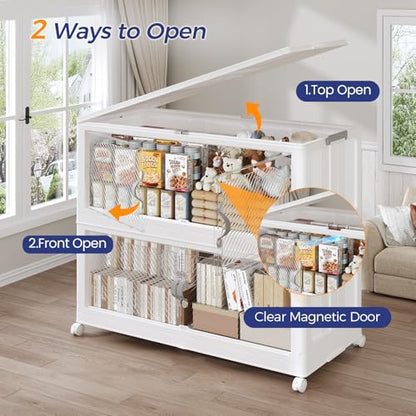 600QT Extra Large Stackable Storage Bins with Lid & Wheels & Doors, 150Gal Foldable Collapsible Closet Organizers, Plastic Cabinet Box Container Drawer for Home Kitchen Bedroom, 5Pack White - style: 5Pack