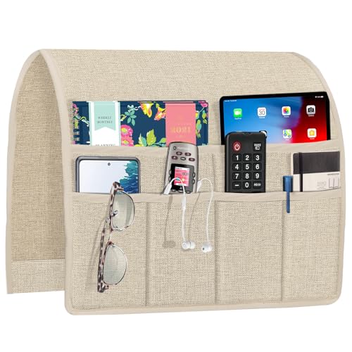 Joywell Beige Remote Control Holder Recliner Armchair Caddy Couch Caddy Sofa Armrest Organizer Linen Fabric Tan Taupe Sofa Arm Chair Caddie with 6 Pocket Storage for Magazine, Tablet, Phone, iPad - color: Beige, size: 19'' x 35''
