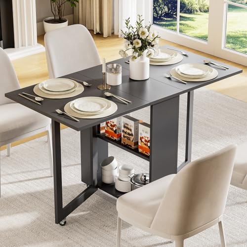 LotFun Folding Dining Table with 6 Wheels, 2-Layer Storage Shelf & Drawer, Space Saving Farmhouse Kitchen Table for Small Spaces - color: Grayish Black