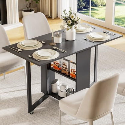 LotFun Folding Dining Table with 6 Wheels, 2-Layer Storage Shelf & Drawer, Space Saving Farmhouse Kitchen Table for Small Spaces - color: Grayish Black