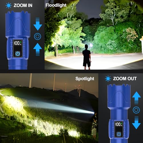 Rechargeable Tactical Flashlights 2000 High Lumens - 5000mAh Super Bright LED Powerful Flash Light, Waterproof Handheld USB C Flashlight for Home,Car,Camping,Emergencies,5 Modes,Zoomable (1, Blue) - color: Blue