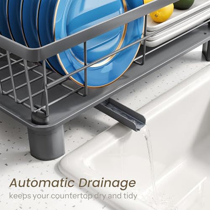 SNTD Dish Drying Rack - Small Dish Rack for Kitchen Counter, Stainless Steel Dish Drainer with Utensil Holder and Drainboard, 11" W x 15" L (Grey) - color: Gray, size: 11" W x 15" L