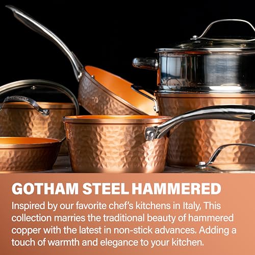Gotham Steel Hammered 15 Pc Ceramic Cookware Set, Induction Pots and Pans Set Non Stick with Cooking Utensils & Steamer, Non Toxic Ceramic & Titanium Coating PFOA PFOS Free, Oven & Dishwasher Safe - color: Hammered Copper