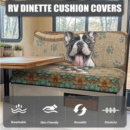 Boston Terrier Flower Print RV Dinette Cushion Covers Replacement Camper Cushion Slipcover Scratch-Resistant RV Couch Covers, 1 Backrest Cover 1 Bench Cover and 1 Pillowcase - color: Boston Terrier Flower
