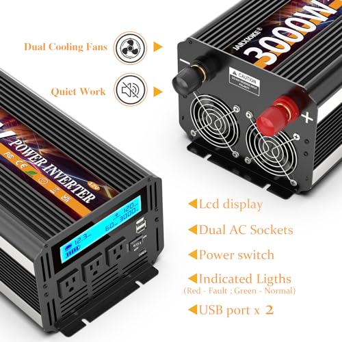 3000W Power Inverter 12V DC to AC 110V/120V (Peak) 6000W Converter 3 sockets car Inverter with Remote Control and LED Display 3.4A USB Port - size: 12v-3000W