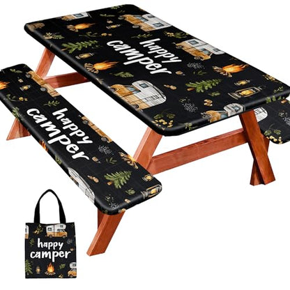 Picnic Table Cover with Bench Covers, Camping Essentials, Fitted Camping Tablecloth with Bag, Waterproof and oilproof with elastic Edge for Indoor Outdoor Patio, 72in (RV Camper) - color: RV Camping Enthusiasts
