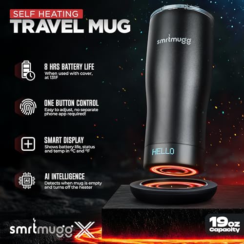 SmrtMugg X Heated Coffee Mug 19 oz., 8 Hour Battery Life, Self-Heating, Adjustable Temp Controlled, LCD Screen, One Button Temperature Adjustment, Includes Cover with Magnetic Slider (Black) (Black) - color: Black