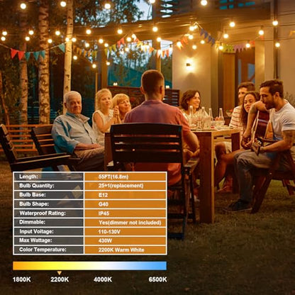 OHLUX Outdoor String Lights, 55FT Shatterproof LED Patio Lights with 26 Dimmable Plastic G40 Bulbs, 2200K Waterproof Connectable Hanging String for Backyard Cafe Porch Deck E12 Base - size: 55FT