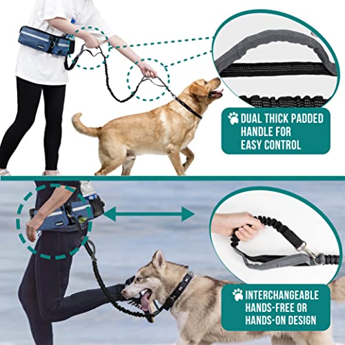 PetAmi Hands Free Dog Leash Belt Bag for Walking, Jogging - Double Zipper Pouch with Poop Bag Dispenser, Dual Padded Handles Reflective Bungee Leash, Single (Navy) - color: Navy, size: 1 Leash