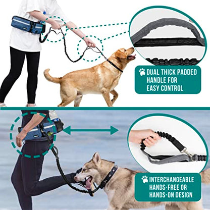 PetAmi Hands Free Dog Leash Belt Bag for Walking, Jogging - Double Zipper Pouch with Poop Bag Dispenser, Dual Padded Handles Reflective Bungee Leash, Single (Navy) - color: Navy, size: 1 Leash