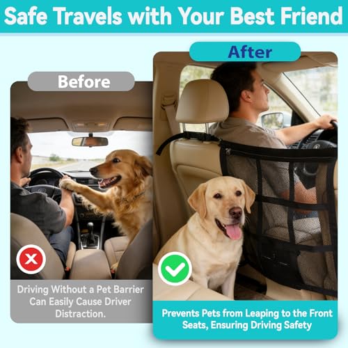 Dog Car Net Barrier,9-Grid Reinforced,Easy Install | Double mesh with zipper storage,Universal fit for SUVs, sedans & trucks,Breathable for AC flow,Keeps dogs safely in back.