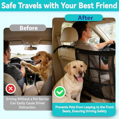 Dog Car Net Barrier,9-Grid Reinforced,Easy Install | Double mesh with zipper storage,Universal fit for SUVs, sedans & trucks,Breathable for AC flow,Keeps dogs safely in back.