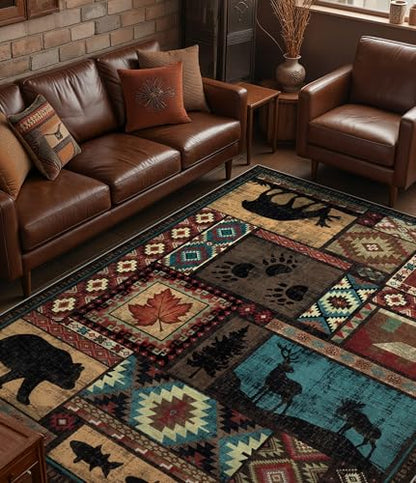 YIHOUSE Rustic Cabin Area Rug 6x9,Machine Washable Lodge Bear Rug,Non-Slip Low Pile Print Pattern Southwestern Rug for Living Room Bedroom - color: Brown, size: 6' x 9' (Rectangular)