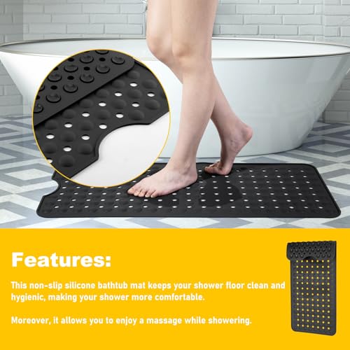 Silicone Bath Tub Mat Non Slip, 36"x16" Shower Foot Scrubber Mat with Drain Holes and Suction Cups, Upgraded Bathtub and Shower Mats, Machine Washable Bathtub Floor Liner Mats for Bathroom (Black) - color: Black