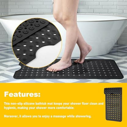 Silicone Bath Tub Mat Non Slip, 36"x16" Shower Foot Scrubber Mat with Drain Holes and Suction Cups, Upgraded Bathtub and Shower Mats, Machine Washable Bathtub Floor Liner Mats for Bathroom (Black) - color: Black
