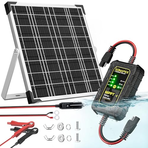 SUNAPEX 12V Solar Battery Charger: 25W Waterproof Solar Panel Kit- Aluminum Trickle Charger for Car Battery with MPPT Controller - Battery Tender Motorcycle Boat Marine RV Trailer Tractor Truck - size: 25W - MPPT