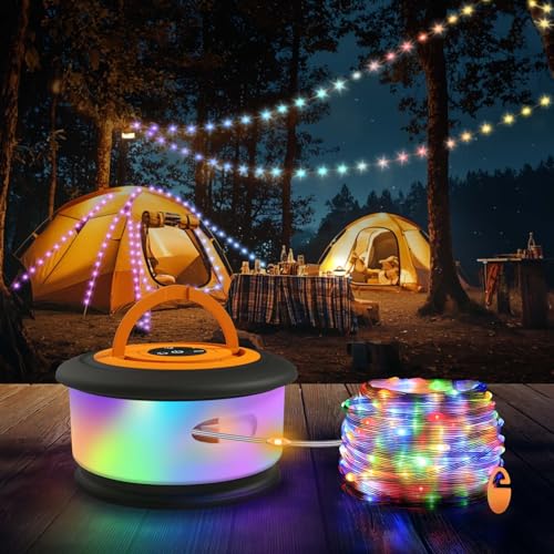 TOHETO Camping String Lights, 3 in 1 Upgraded Retractable RGB Outdoor String Lights with 19 Lighting Modes,Quick 30s Recovery, 32.8 FT Portable Tent Lights, Rechargeable Camping Lantern (Black&Orange) - style: Black&Orange