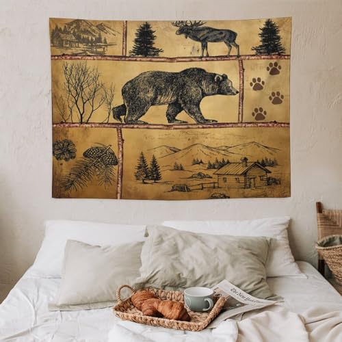Fblifil Rustic Cabin Vintage Bear Wall Tapestry, Farmhouse Country Antique Bear Moose Forest Vintage Wood Camping Wall Tapestries Hanging for Bedroom Living Room Dorm Party Decor 30x40in - color: Bear-11, size: 40"Wx30"L