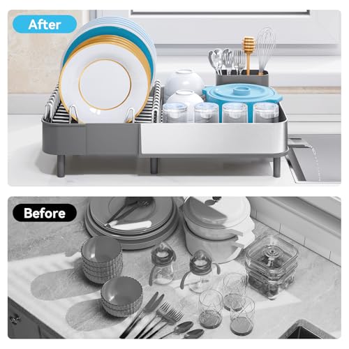 Urackify Dish Drying Rack - Dish Drainer for Kitchen Counter, Stainless Steel Dish Rack with Swivel Draining Spout & Drain Board, Expandable Space-Saving Kitchen Dish Organizer for 3-4 People, Grey - color: Gray