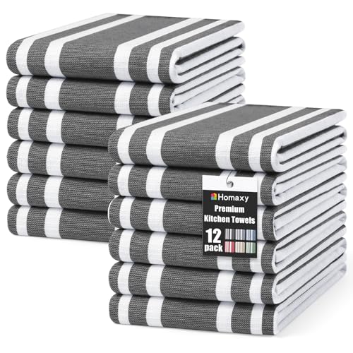 Homaxy Premium Kitchen Towels 18”x 28”, Large Cotton 380 GSM Kitchen Hand Towels, Stripe and Terry Dish Towel, Highly Absorbent Tea Towel Set with Hanging Loop, 12 Pack, Black - color: Black Stripe, style: 12-pack