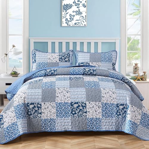 Mybedsoul Blue Quilt Set Twin Size, 2 Pieces Plaid Floral Bedspread Set Patchwork Reversible Bedding Set Microfiber Lightweight Bedspread Coverlet Set for All Season 68"x86" - color: Blue, size: Twin