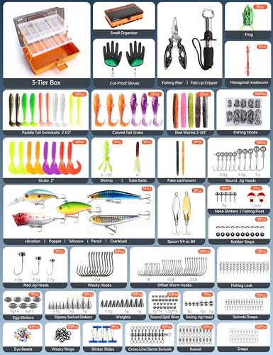 Large 3-Layer Tackle Box with Tackle Included, 417Pcs Fishing Lures Kit with Bonus Small 2-Sided Box & Gloves, Pliers, Crankbait, Hooks, Freshwater Bass Fishing Gear Gift for Men & Kids