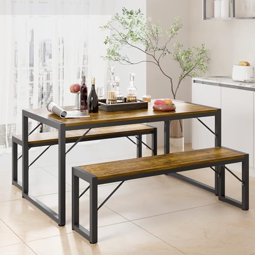 Gizoon 45.5" Dining Table Set for 4 with 2 Benches, Kitchen Table Set with Metal Frame & MDF Board, Space-Saving Dinette for Kitchen, Dining Room -Retro - color: Retro, size: seat for 4