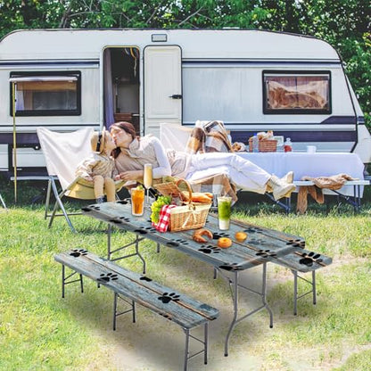 Picnic Table Cover with Bench Covers 72IN 6FT, Camping Essentials Tablecloth Waterproof Oilproof with elastic Edge for Indoor Outdoor Patio (Blue Wood Grain Paw) - color: Wood Grain Dog Paws