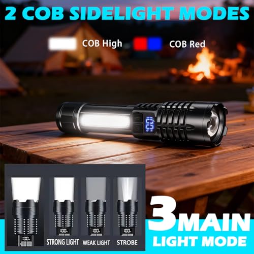 Rechargeable Flashlights with Side Light & Digital Power Display, Bright LED Flashlight with Warning Lights, 5 Modes & Waterproof for Emergency, Camping, Hiking and Home - color: Black
