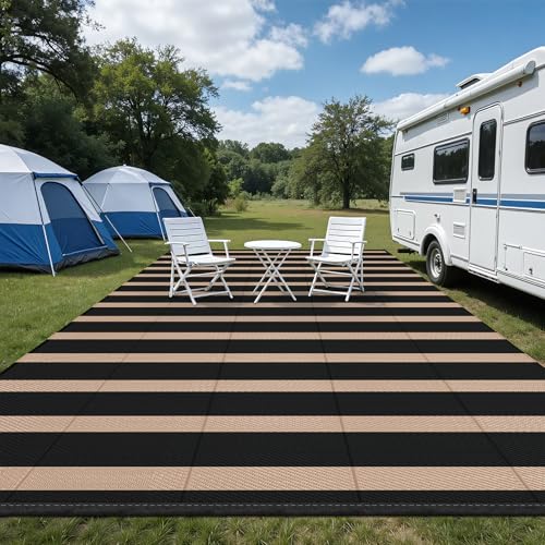 Vaukki Waterproof Outdoor Rug 9x12, Reversible Striped Patio Rug, Lightweight Plastic Straw Camping Mat, Indoor Outdoor RV Carpet for Outsides, Patio, Camping, Balcony, RV and Deck, Black and Beige - color: Black and Beige, size: 9' x 12' (Rectangular)
