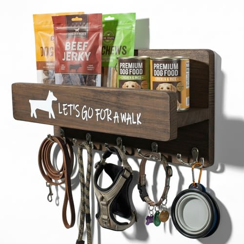 Wood Dog Leash Holder for Wall, Key Hangers with 5 Double Key Hooks, Dog Leash Hanger Wall Mounted for Entryway, Farmhouse Treats,35cm,Brown - color: Brown