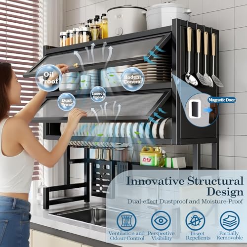4-Tier Dish Drying Rack with Cover – Above Sink Kitchen Storage Rack, Large Space-Saving Shelf for Dishes, Glasses, Bowls & Cutlery, Black (W-40'') - size: W-41''