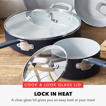 GreenPan x Bobby Flay 13 Piece Nonstick Cookware Pots and Pans Set, PFAS-Free Diamond Ceramic, Induction Suitable, Easy Clean Dishwasher & Oven Safe, Stay-Cool Silicone Handles, Glass Lids, Navy Blue - color: Navy Blue