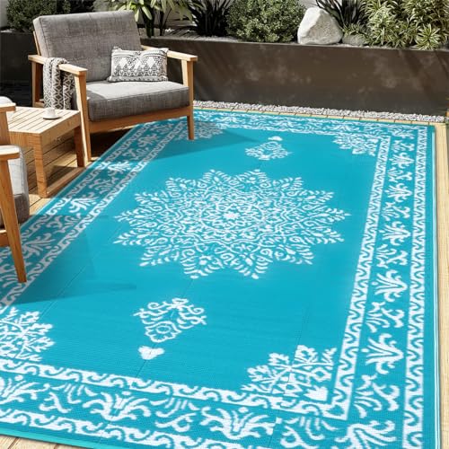 Outdoor Rug 5x8 Ft, Waterproof Plastic Straw Patio Rug, Reversible Backyard Carpet UV Resistant Portable RV Mat Clearance, Large Indoor Outdoor Rug for Patio, Porch, Deck, Balcony, Teal - color: Teal&white, size: 5 x 8 Feet