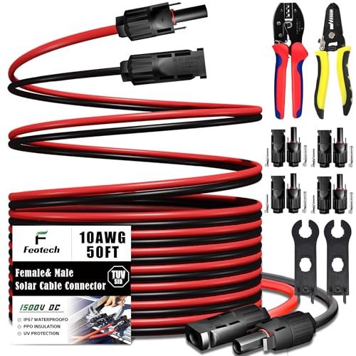 Twin Wire 50FT Solar Extension Cable - 10AWG (6mm²) Solar Panel Connector, with IP67-Male/Female Solar connectors for Outdoor Automotive RV Boat Marine Solar Panel- Black & Red - color: No Sheath, size: 50Ft - 10AWG