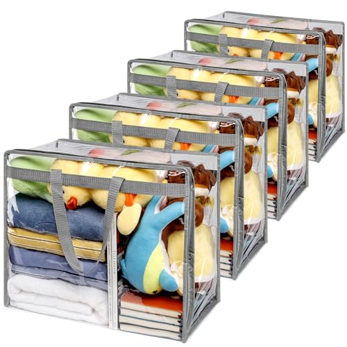 4 Pack Clear Zippered Storage Bags for clothes - 40L Waterproof PVC Bags for Comforter, Blanket, Bedding, Linen, Duvet, Stuffed Animals, Extra Large Toy Storage Bag, Closet Organizer Bag (Grey)