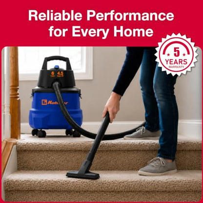 Koblenz WD-6 L212 Wet Dry Vacuum Cleaner, 6 Gallon, 4.5 PHP, 3-in-1 Suction & Blower, 16 ft Reach, Big Cleaner for Car, Shop Vacuum Wet and Dry, Swivel Casters, Black/Blue - size: 6 Gallon 4.5 HP